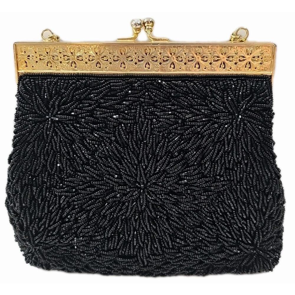 Vintage Walbaeg Beaded Evening Bag 1970's Black w Gold Finish Hardware - Picture 3 of 9
